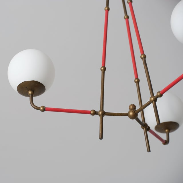 Vintage Italian Brass and Red Lacquered Chandelier with Opaline Glass, 1950s For Sale - Image 12 of 13