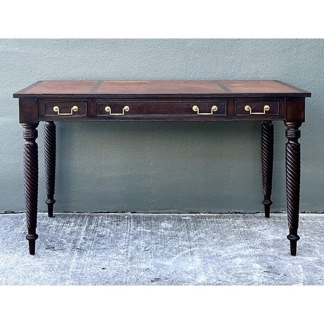 English Vintage British Colonial Leather Top Writing Desk For Sale - Image 3 of 12