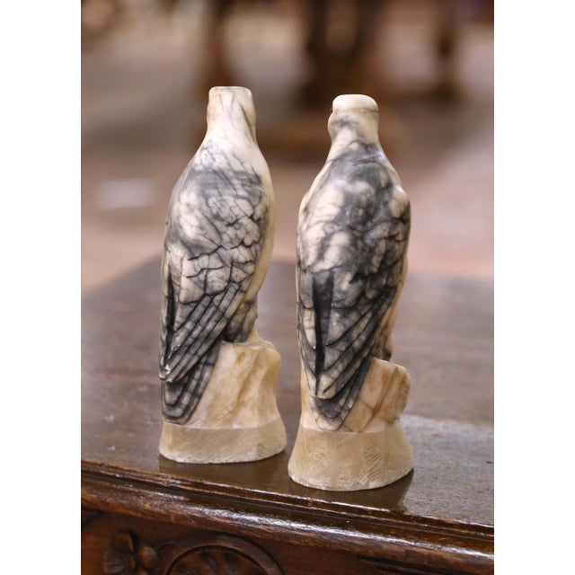 Gray Pair of 19th Century French Carved Marble Eagle Sculptures With Glass Eyes For Sale - Image 8 of 9