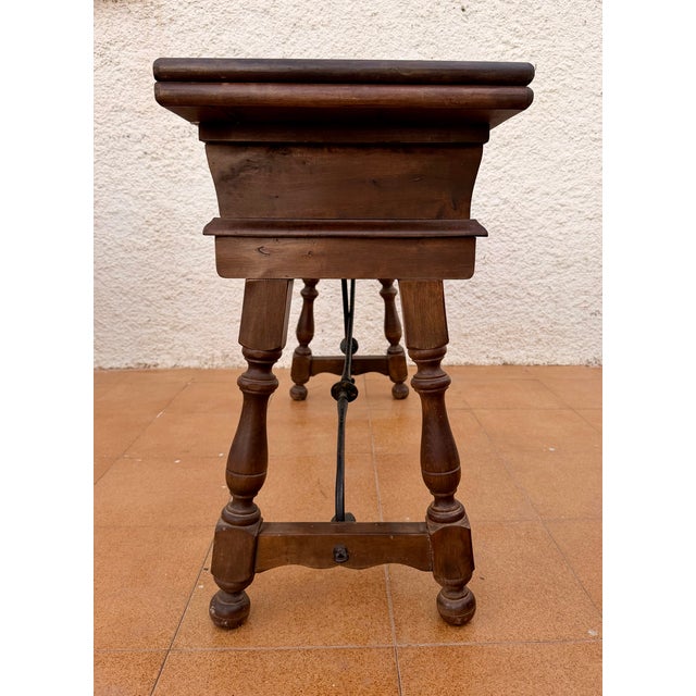 Spanish Carved Wood Drop-Leaf Table with Iron Stretcher, 1940 For Sale - Image 6 of 14