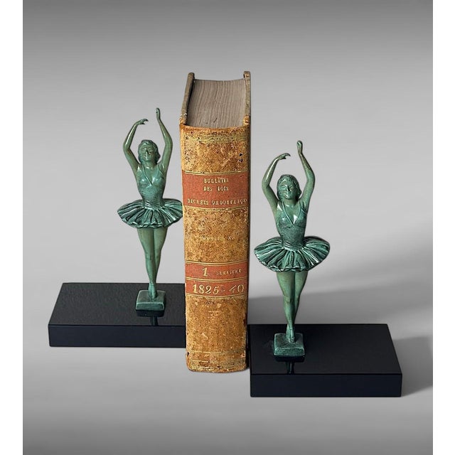 Art Deco French Pair of Dancer Bookends in Spelter and Black Marquina Marble For Sale - Image 10 of 18