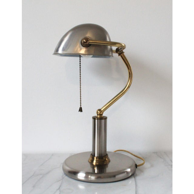 Vintage Art Deco Bankers Stainless Steel & Brass Desk Lamp For Sale In Milwaukee - Image 6 of 12