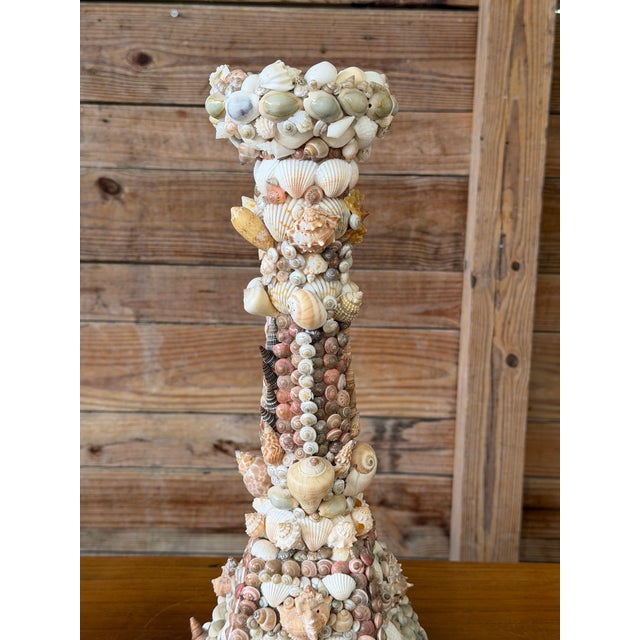 Vintage Handcrafted Coastal Seashell Encrusted Wood Pedestal Candleholder For Sale - Image 4 of 12