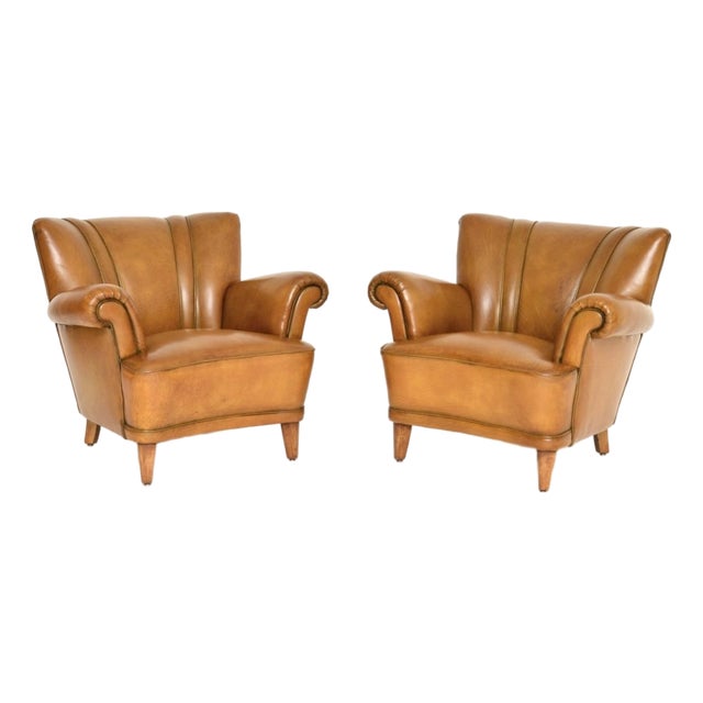 Vintage Swedish Leather Club Armchairs, 1940s, Set of 2 For Sale
