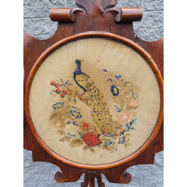 19th Century Victorian Renaissance Rosewood Floral and Peacock Needlepoint Pole Screen For Sale In Washington DC - Image 6 of 8
