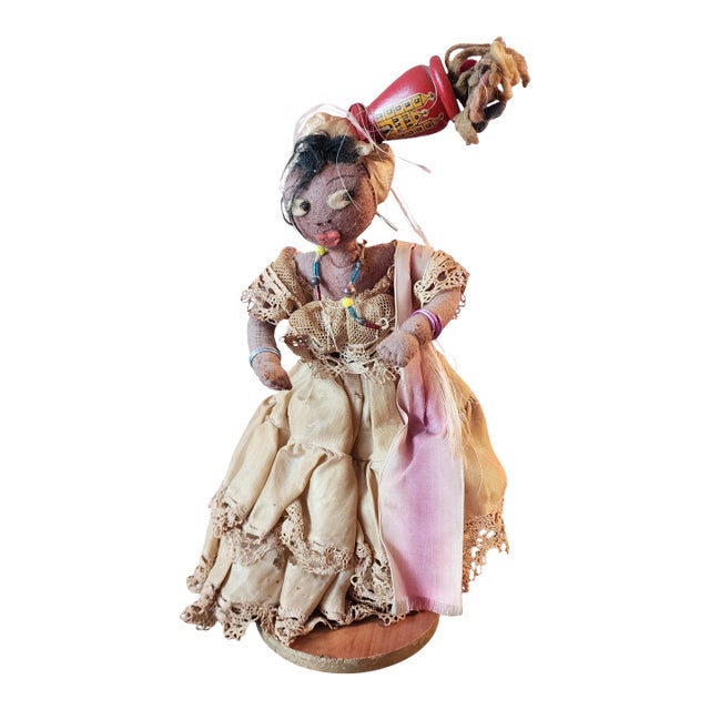 Vintage Hand-Made Cloth & Wire Female Woman Doll W/ Jug, C1940s For Sale