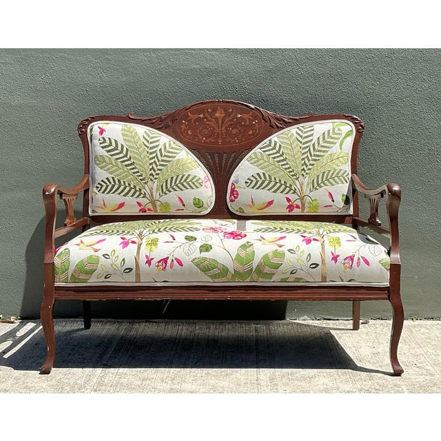 Wood Vintage Carved Wood Settee With Embroidered Botanical Upholstery For Sale - Image 7 of 12