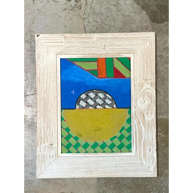 Postmodern Vintage Geometric Abstract Oil Crayon Drawing For Sale - Image 3 of 12