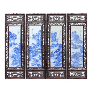 Set of 4 Chinese Mountain River Porcelain Blue & White Painting Wall Panels For Sale