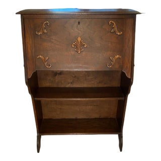 1920s Solid Oak Secretary Desk With 2 Lower Shelves. For Sale