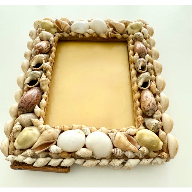 Tan Vintage MCM Palm Beach Tony Duquette Style Handmade Seashell Wood Picture Frame For Sale - Image 8 of 12