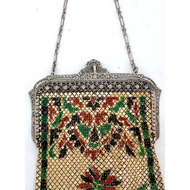 Mandalian Art Deco Flapper Enamel Mesh Purse with Floral Motif and Drop Beads For Sale - Image 16 of 18