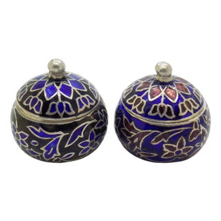 Vintage Italian Handmade Sterling Silver 925 and Enameled Duo Pill Snuff Boxes, 1980s, Set of 2 For Sale