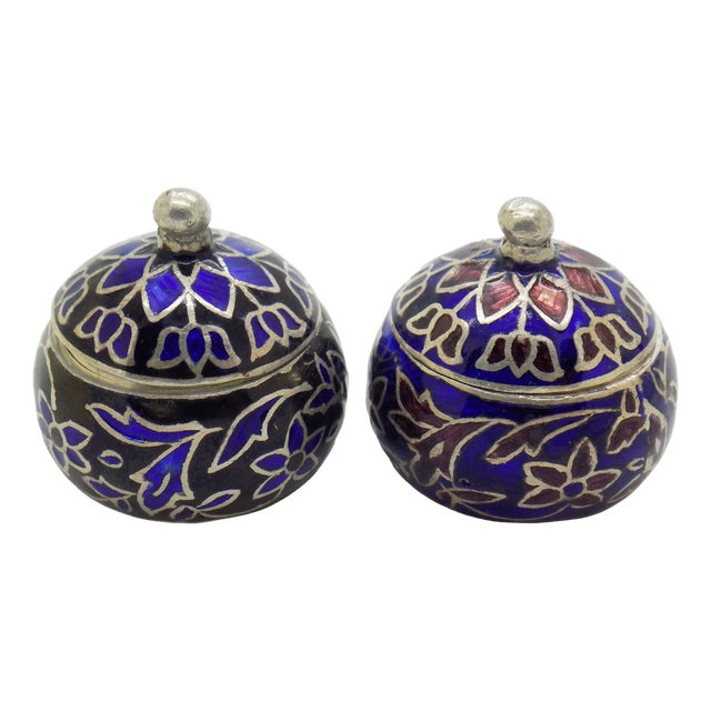 Vintage Italian Handmade Sterling Silver 925 and Enameled Duo Pill Snuff Boxes, 1980s, Set of 2 For Sale