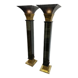 Pair 1970s Brass/Black Torchiere Floor Lamps For Sale