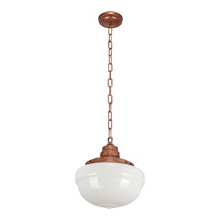 Antique Schoolhouse White Milk Glass Copper Chain Pendant Light For Sale