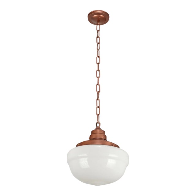 Antique Schoolhouse White Milk Glass Copper Chain Pendant Light For Sale