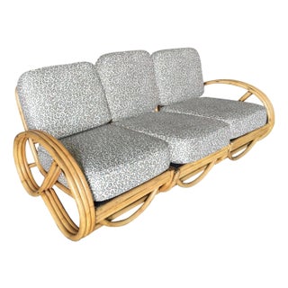 Restored Mid-Century 3-Strand 3/4 Round Pretzel Arm Rattan Sectional Sofa For Sale