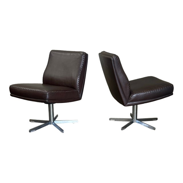 1970s De Sede Leather and Metal Swivel Chairs- A Pair For Sale