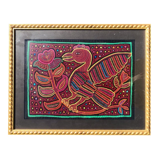 Folk Art Mola Bird and Flower Embroidered Textile Art in Gold Frame For Sale