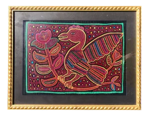 Folk Art Mola Bird and Flower Embroidered Textile Art in Gold Frame