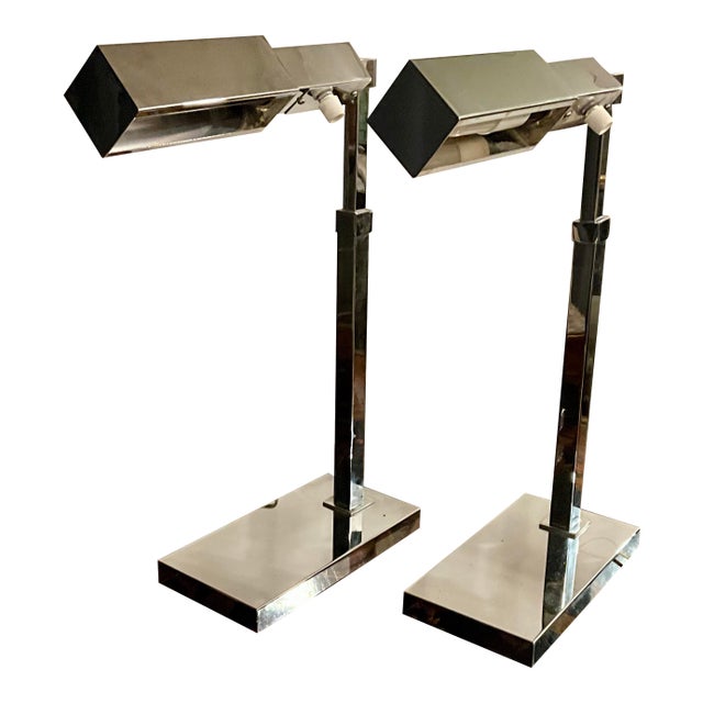Pair of Late 20th Century Modern Design Chrome Task Lamps Smooth Turn Dimmer Switch For Sale
