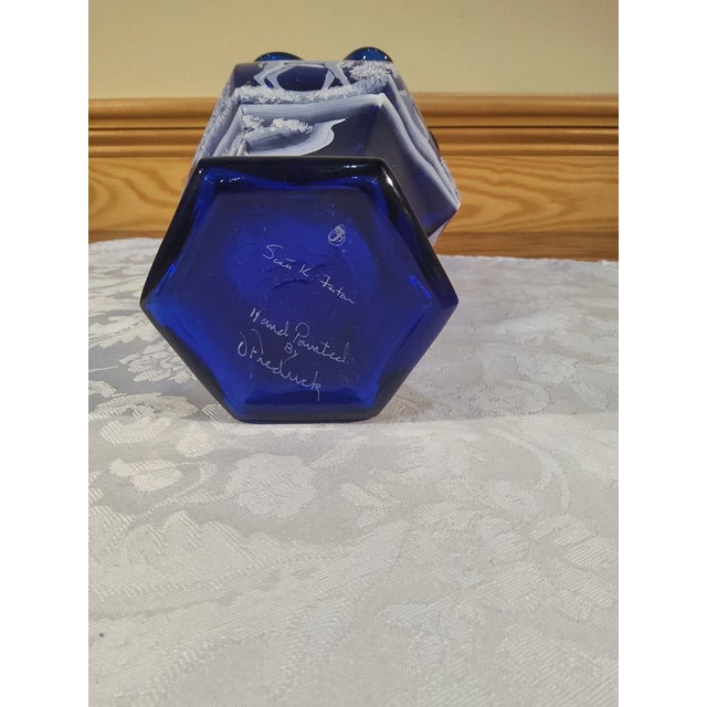 Fenton Art Glass Company Vintage Fenton 100th Anniversary Cobalt Blue Hp Deer in Winter Scene Glass Hexagon Vase For Sale - Image 4 of 8