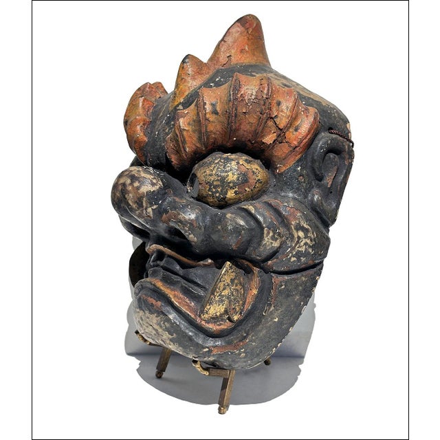 Super cool Japanese antique, circa late 19th/early 20thC vintage. This is a wonderful, handmade carved paper mache mask...