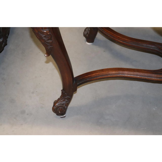 French Fine Carved Walnut Verdi Green Marble Top Console Table With Stretcher Base For Sale - Image 3 of 13