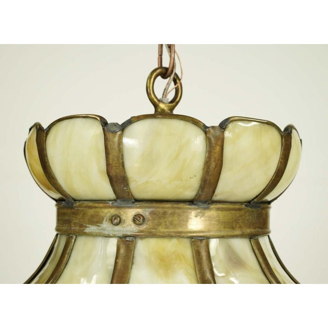 Vintage Tan Slag Stained Glass Pendant Light With Brass Accents For Sale - Image 4 of 10