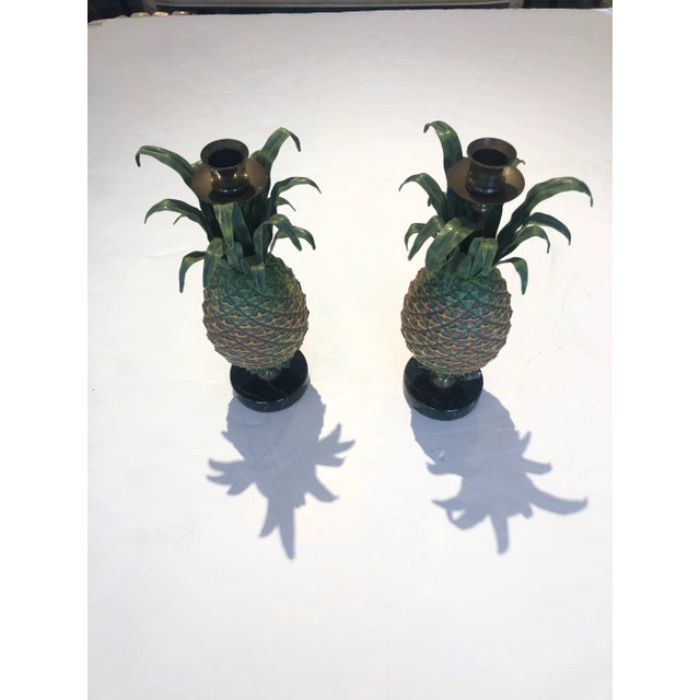 Neoclassical Tole and Brass Pineapple Candlesticks - a Pair For Sale - Image 3 of 10