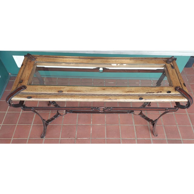 1970s Vintage Adnet Hermes Faux Leather Iron, Glass and Wood American Western Theme Table For Sale - Image 13 of 13