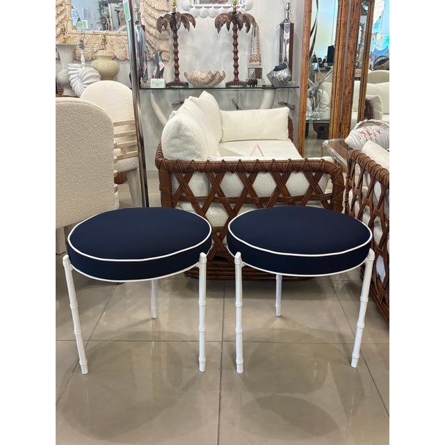 Pair of vintage 1970s faux bamboo metal stools benches. These have been completely restored to perfection! Newly powder-...