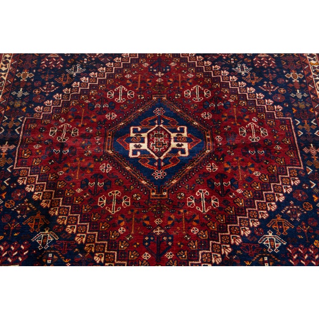 Textile 4 X 5 Blue and Red Designed Shiraz Vintage Persian Wool Rug For Sale - Image 7 of 10