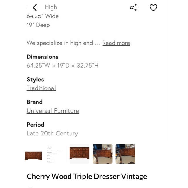 Cherry wood late 20th century triple vintage dresser traditional Missing one handle ring bottom 3rd draw left side hanging...