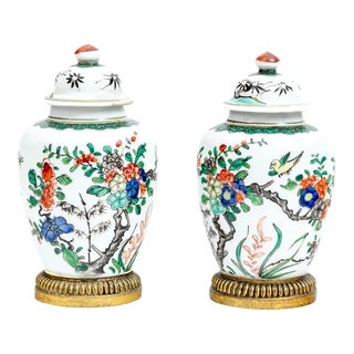 19th Century French Samson Porcelain Vases & Covers in the Chinese Famille Vert Glaze & Bronze Mounts - A Pair For Sale