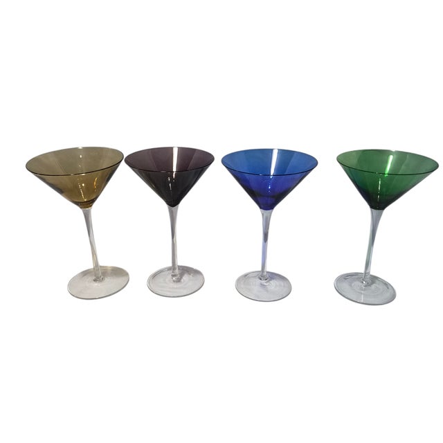 Blue Late 20th Century Elegant Festive Multi Color Jewel Tone Set of Four Martini Cocktail Glasses For Sale - Image 8 of 8