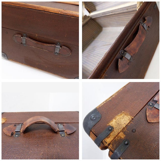 Textile Antique Canvas and Wood Suitcase Steamer Trunk, 1920s For Sale - Image 7 of 16