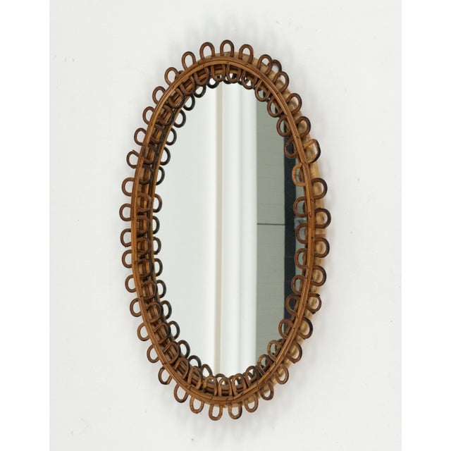 1960s Mid-Century Oval Rattan and Bamboo Wall Mirror in the style of Franco Albini, Italy, 1960s For Sale - Image 5 of 10