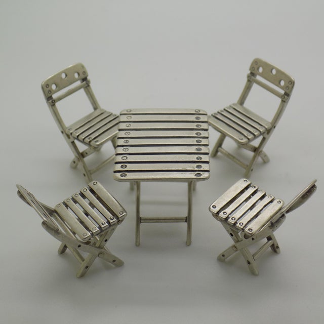 Vintage Italian Handmade Silver 800 Folding Garden Table and Chairs Dollhouse Set, Arezzo, 1970s, Set of 5 For Sale - Image 6 of 14