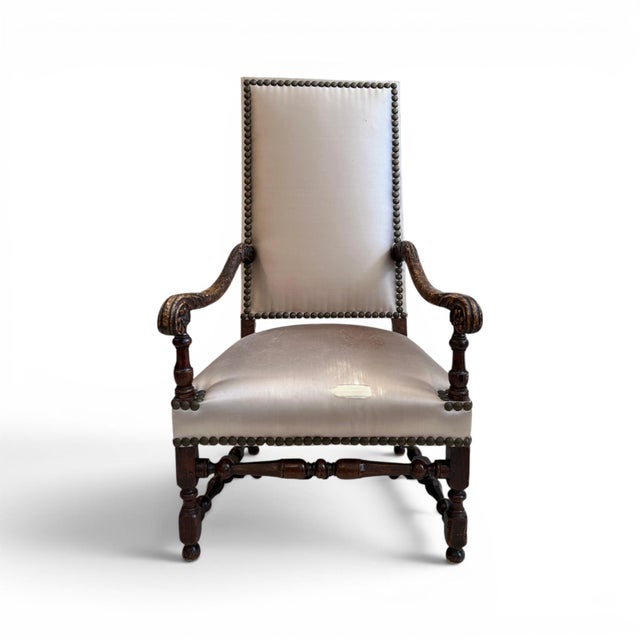 18th Century Louis XIII Style Arm Chair in Taupe Silk For Sale - Image 4 of 11