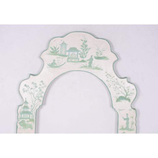Chinoiserie White Hand Painted Green Chinoiseries Style Tole Mirror For Sale - Image 3 of 7