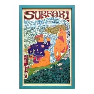 John Hitesman Vintage 1963 Mid Century Modern Lithograph Print " Surfari " Framed Pop Art Surfing Poster For Sale