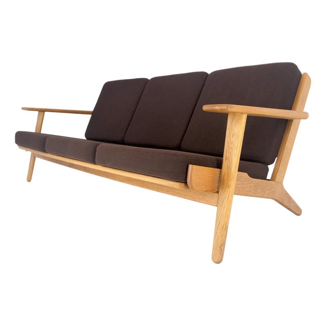 Solid Oak Frame Brown Upholstery MCM Style 3 Seat Sofa Clean! For Sale