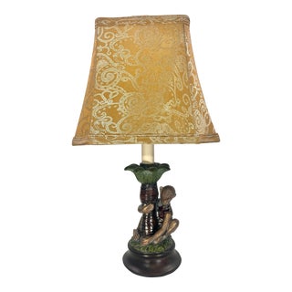 Vintage Monkey and Palm Tree Table Lamp With Elegant Gold Damask Shade Tropical Home Accent For Sale