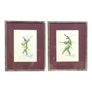 Punchinelli Venetian Musicians - Set/2 Framed Prints - Artist Signed For Sale