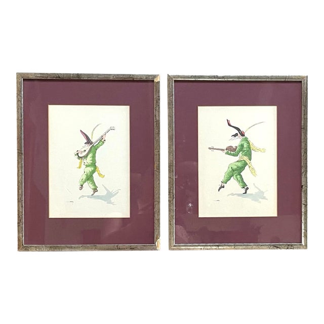 Punchinelli Venetian Musicians - Set/2 Framed Prints - Artist Signed For Sale