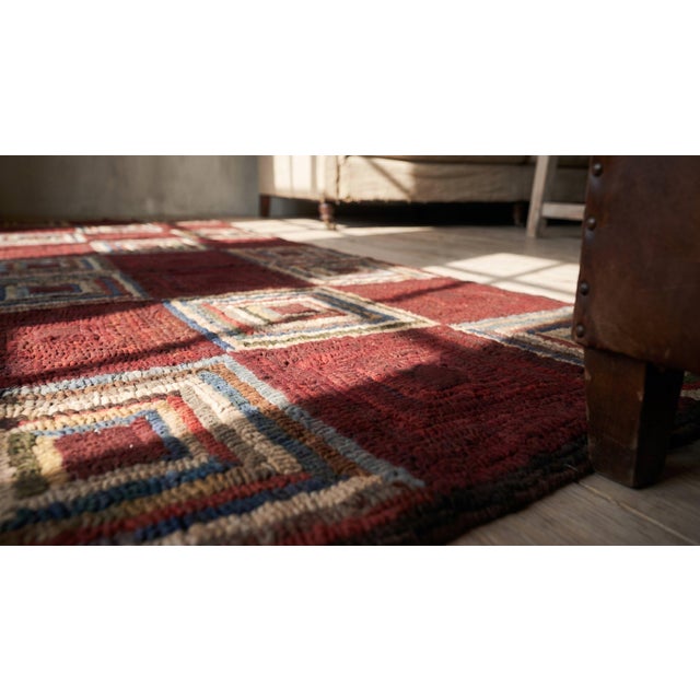 Red 1930s Colorful Log Cabin Folk Art Antique American Hooked Rug 2' 2" X 6' 6" Handknotted Wool Carpet For Sale - Image 8 of 9