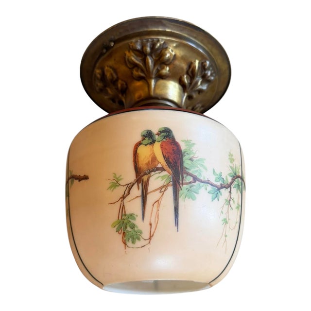 Antique Painted Birds and Botanicals Art Glass Flushmount Light For Sale