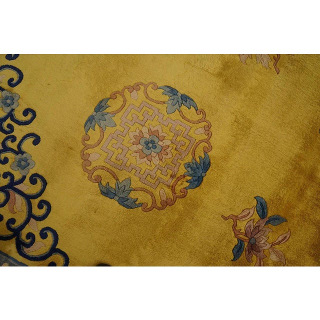 Textile 1920s Yellow Safrron Medallion Antique Chinese Peking Carpet 9'' X 12' Knotted Wool Rug For Sale - Image 7 of 12